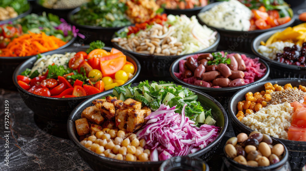 An array of black meal prep containers showcasing vibrant salads, illustrating the concept of healthy eating plans