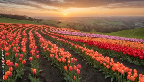 A whimsical scene of tulips and roses arranged in a spiral pattern on a hillside, with the sun setting in the distance, casting a warm glow over the landscape.