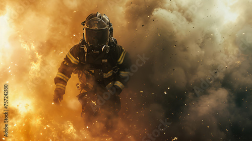 A dramatic and artistic rendering of a firefighter's training drill, with a firefighter in full suit approaching amidst smoke and training obstacles, creating a cinematic, AI Generative