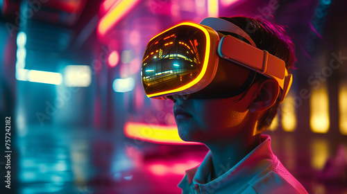 A child playing a virtual reality video game, portrayed in a futuristic setting Neon lights, advanced VR equipment, and a sci-fi ambiance Created Using Futuristic style, neon light, AI Generative © sorapop