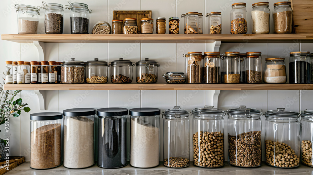 Organized pantry shelves with various grains, seeds, and pasta in labeled jars. Kitchen storage and organization concept. Modern home interior with wooden shelves and food containers