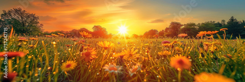 A beautiful field of wildflowers at sunset background