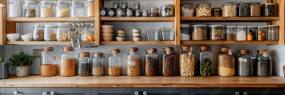 Organized pantry shelves with various grains, seeds, and pasta in labeled jars. Kitchen storage and organization concept. Modern home interior with wooden shelves and food containers