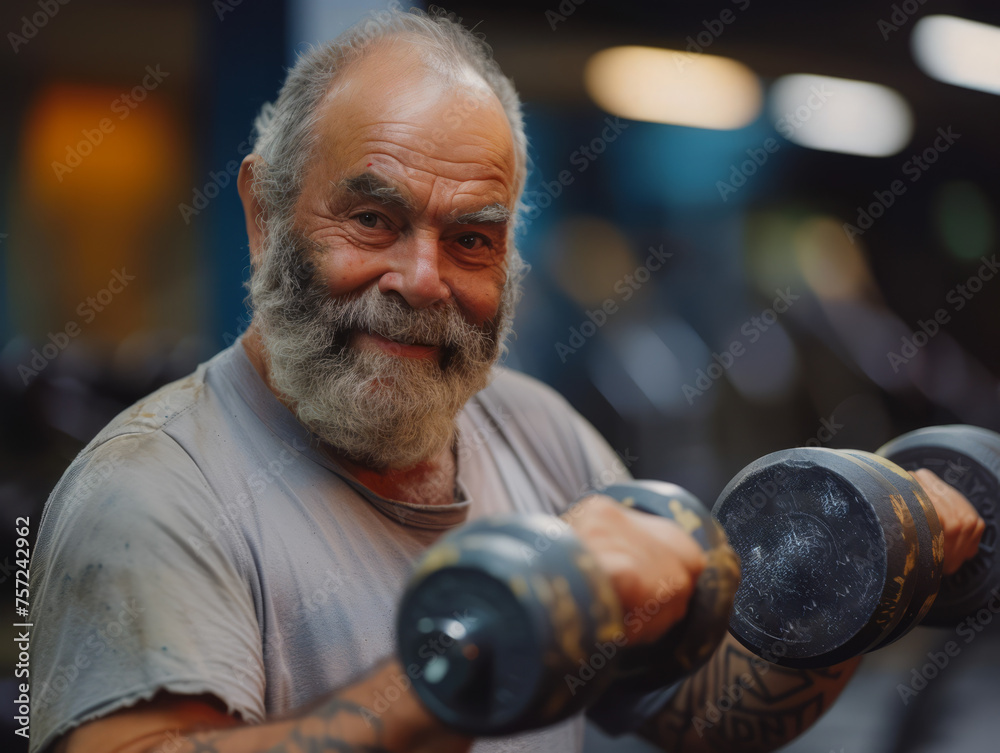 elderly man with a beard is training with dumbbells in the gym, wearing a t-shirt or tank top for training, smiling broadly at the camera, healthy lifestyle, active seniors, portret