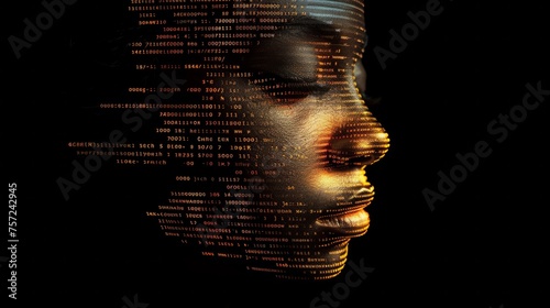 face composed of binary computer code, black background, AI Generative