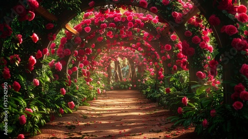 Enchanted fairytale garden, secret pathways under flower arches, vibrant greenery, a digital backdrop of magical beauty, AI Generative