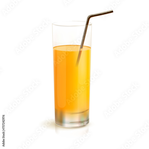 Vector Glass with orange juice with drinking straw isolated on white Background