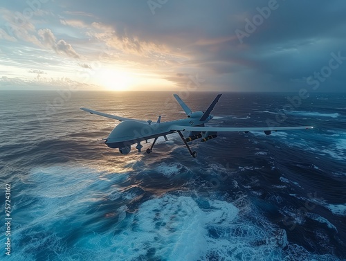 High above the rolling waves, a naval drone scans the expansive ocean, revealing the vastness and potential threats in the deep blue.