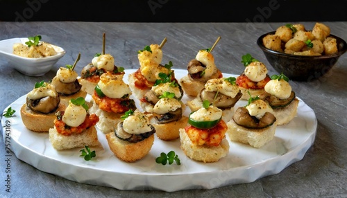 A platter of bite-sized appetizers featuring miniature bruschetta, stuffed mushrooms, and cheese-stuffed jalapeno poppers