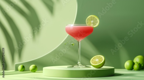 Daiquiri cocktail on podium on green background. Glass of alcoholic drink photo