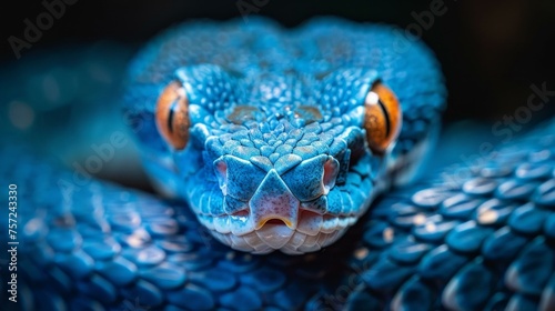 icy blue viper snake, mesmerizing eyes, detailed texture of scales, close-up on face, in dark, mysterious setting, atmospheric, haunting mood, spotlight effect, AI Generative