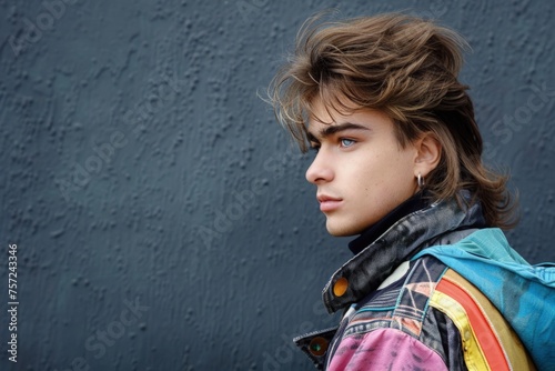 Man with 80s style clothes and mullet haircut, nostalgia concept. photo