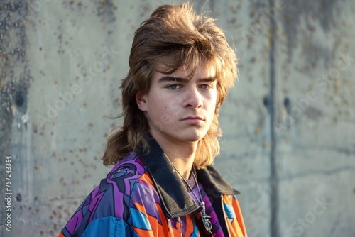 Man with 80s style clothes and mullet haircut, nostalgia concept.