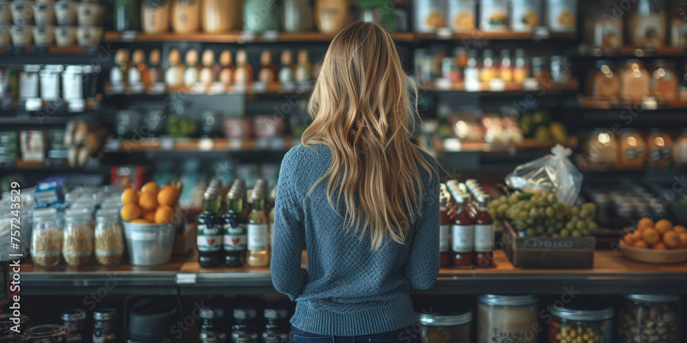 a  woman in the supermarket looking at shelves filled with food and drinks