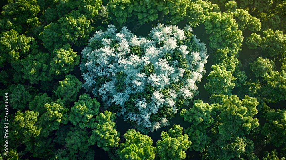 Top view of several trees forming a heart, Earth Day, environmental preservation.