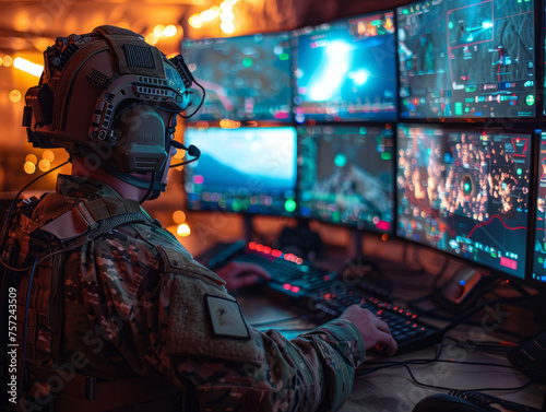 soldiers watch the battle through a monitor, team play, battle strategy. Information Security. victory in battle. military uniform. country security