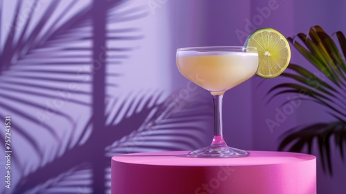 Daiquiri cocktail on podium on purple background. Glass of alcoholic drink photo