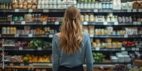 a  woman in the supermarket looking at shelves filled with food and drinks