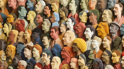 Large congregation of diverse individuals, artistically rendered in a paper cut-out style, emphasizing the uniqueness and unity of the crowd, AI Generative