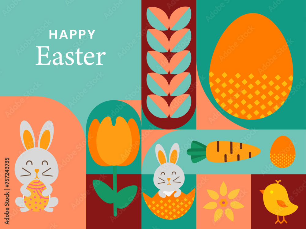 Creative minimalistic Easter poster and banner template with Easter eggs and bunny. Vector Illustration.