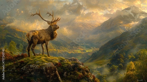 Majestic stag in the misty Highlands, Monarch Of The Glen, proud stance atop a verdant hill, dawn's first light breaking, ethereal, ancient landscape backdrop, vibrant, AI Generative photo
