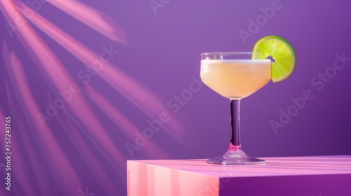 Daiquiri cocktail on podium on purple background. Glass of alcoholic drink photo