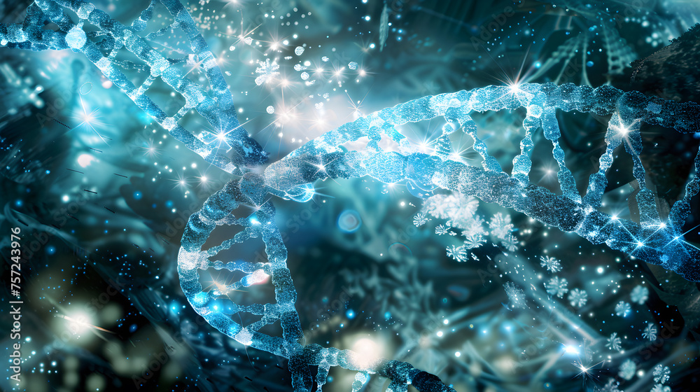 A sparkling and abstract visualization of a DNA double helix structure surrounded by light particles, representing molecular complexity.
A sparkling and abstract visualization of a DNA double helix structure surrounded by light particles, representing molecular complexity.