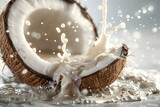 Coconut with splashing milk. High-speed photography of fresh coconut and milk splash. Healthy food and drink concept. Macro shot with detailed texture