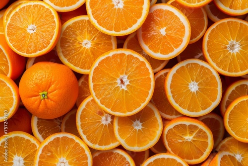 Colorful pattern of fresh ripe whole and sliced oranges