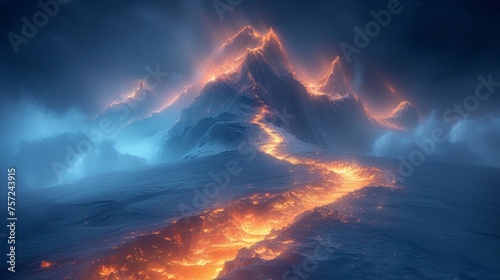 sci-fi mountain landscape, illuminated trail to the peak, ambient glow contrasting with dark skies, digital illustration, fusion of nature and technology, captivating, AI Generative