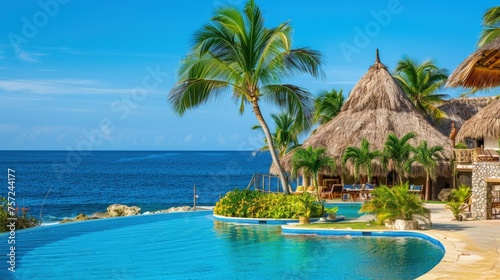 Tropical resort on a paradisiacal island with thatched bungalows.