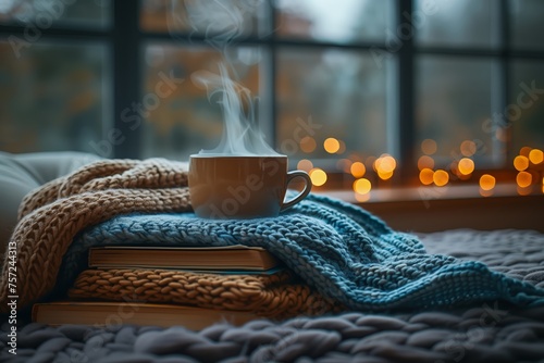 Warm coffee on books in cozy winter setting photo