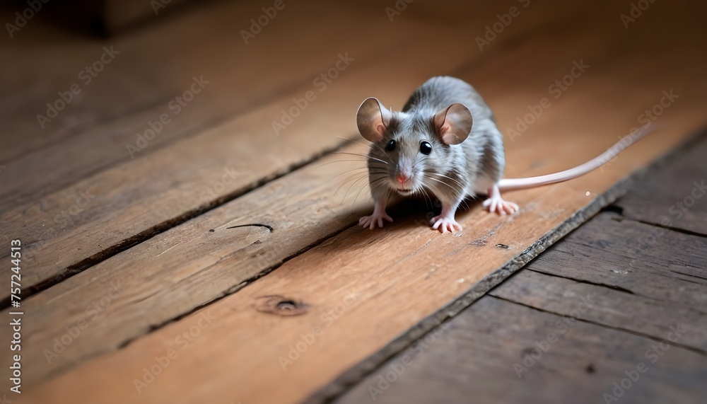 Within the confines of a dilapidated shed, a diminutive being with a mouse's features cowers behind a pile of rotting wood, its eyes wide with fear as it waits for the threat to pass.