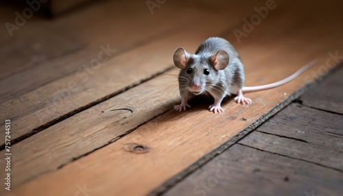 Within the confines of a dilapidated shed, a diminutive being with a mouse's features cowers behind a pile of rotting wood, its eyes wide with fear as it waits for the threat to pass. photo