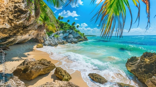 Beautiful tropical beach with crystal clear waters, rocks and palm trees.