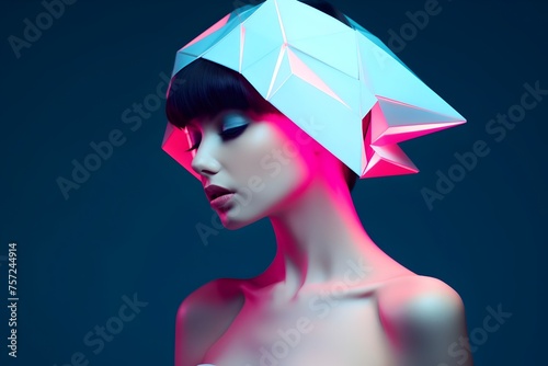 Geometric Origami Headpiece A Minimalistic Fashion Statement Under Soft Pink Neon Light © Bavorndej