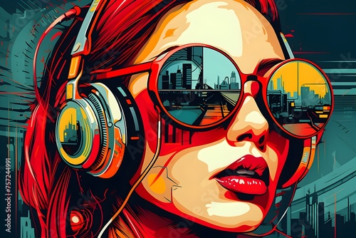 Urban Girl in Red  Reflecting Cityscape in Sunglasses  A Vibrant Vector Artwork