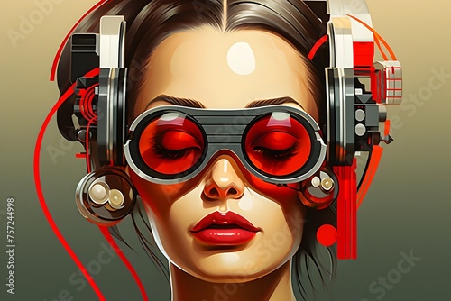 Hipster Woman in Cyberpunk Vector Art with Red Glasses and Headphones photo