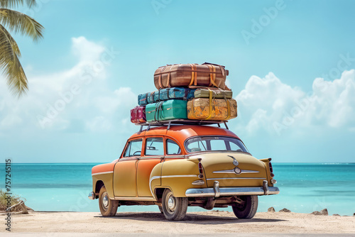 vintage car with beach on background