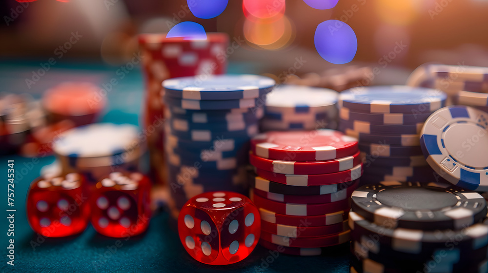 casino dice and poker chips , blurred casino background