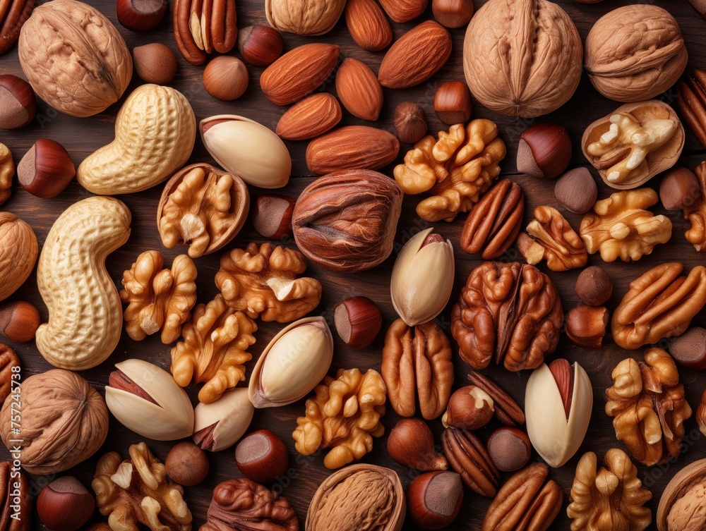 food background variety of nuts top view