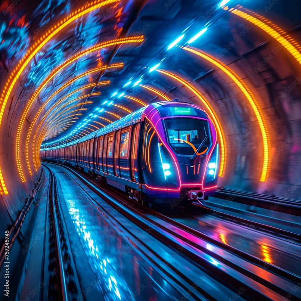 abstract blurred image of trains in a futuristic city, speed blur, future transportation
