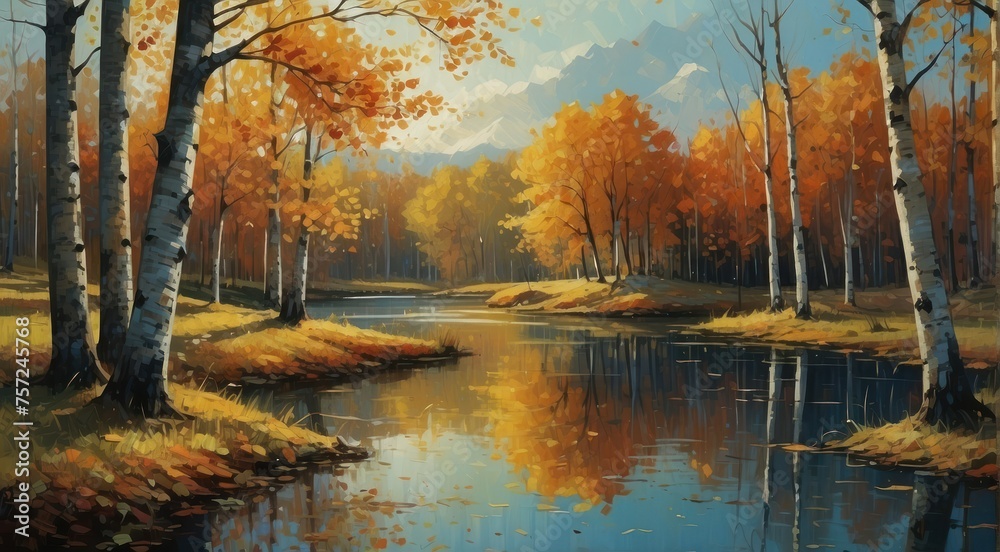 Autumn Aura Hand-Painted Oil Landscape of Aspen Trees in Vibrant Yellow-Red Tones with a Scenic Lake, Embracing the Beauty of the Fall Season