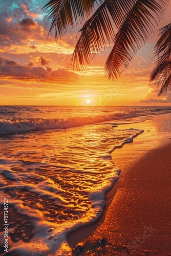 A golden sunset over the tropical beach with palm leaves.