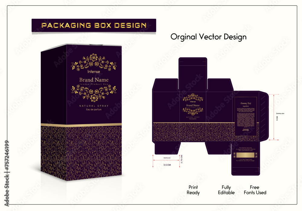 Luxury Packaging box design with Box dies line, 3d Box Mockup, icon, frames and Design elements, 3d Illustration, and Vector design Template.