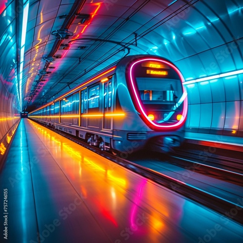Futuristic smart train travels fast in a tunnel