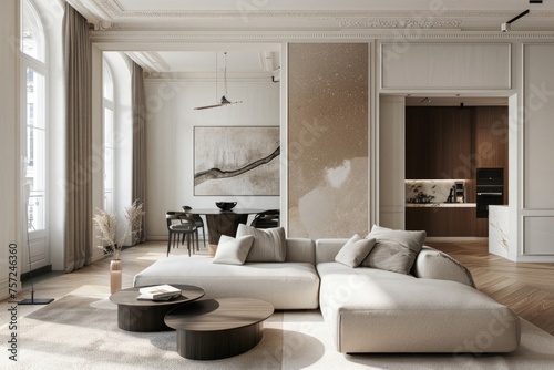 Modern apartment living room with sofa and beige rug, minimalist style, Scandinavian style.