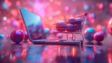 internet shopping theme. laptop displaying a virtual shopping cart sits atop a abstract background, offering a moment of digital escape and relaxation amid the serene surroundings. 