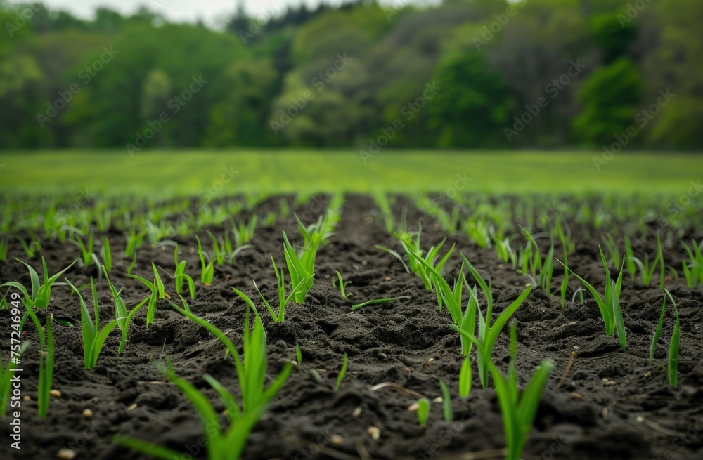 Naklejka premium Green grass field with black soil growing in rows on farmland, agriculture concept.