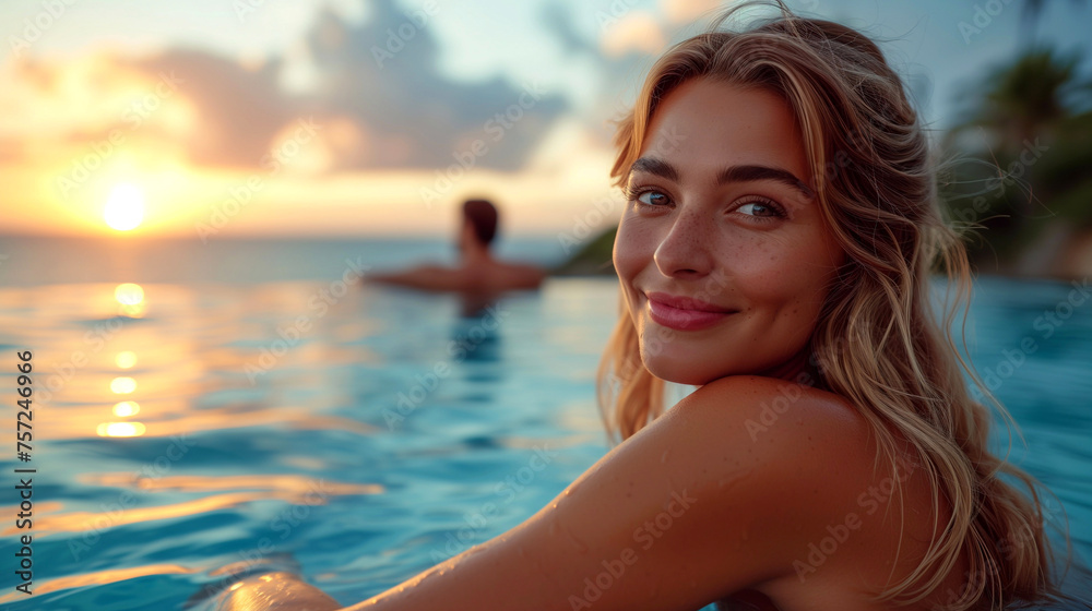 Beautiful young woman relaxing in swimming pool at sunset, closeup
